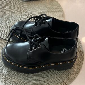 Unworn Dr. Martens Black Leather Oxfords with Yellow Stitching